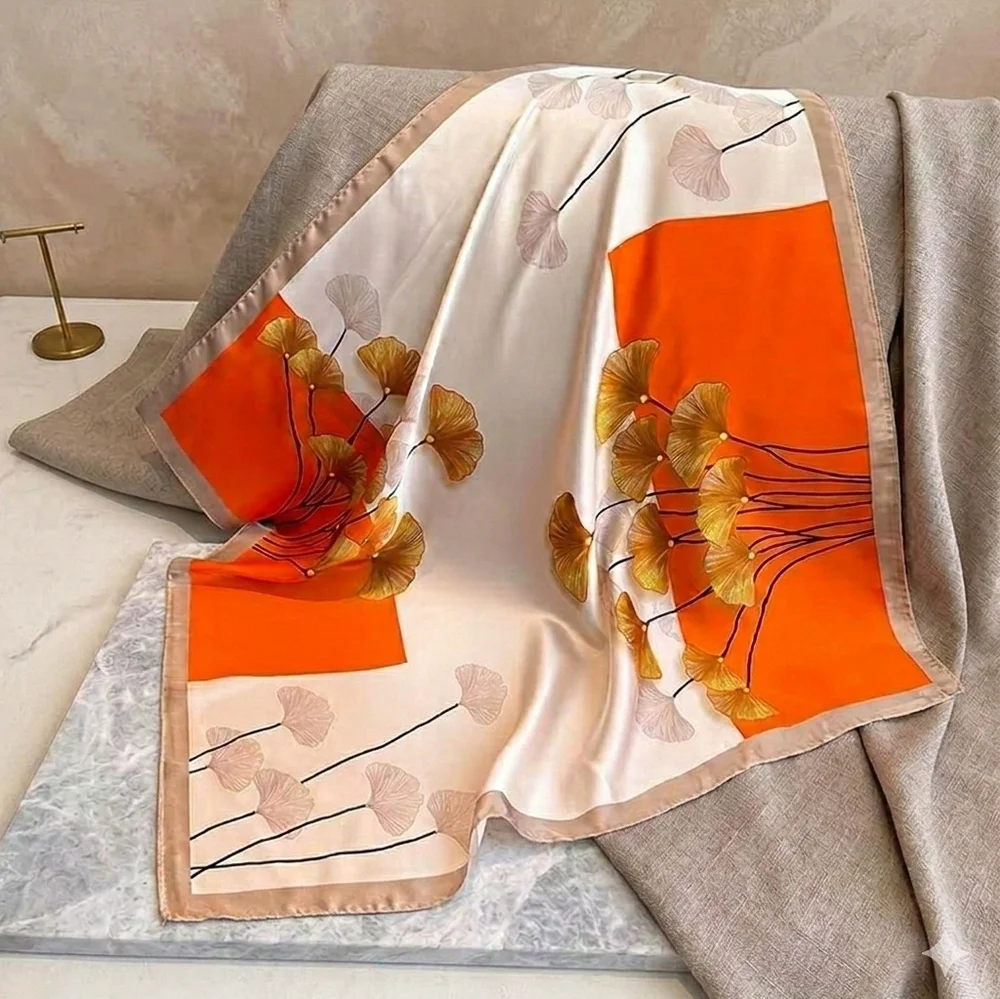NWT Orange Cream Ginkgo Leaf Silky Satin Square Scarf Neck Scarf Headscarf 27.5